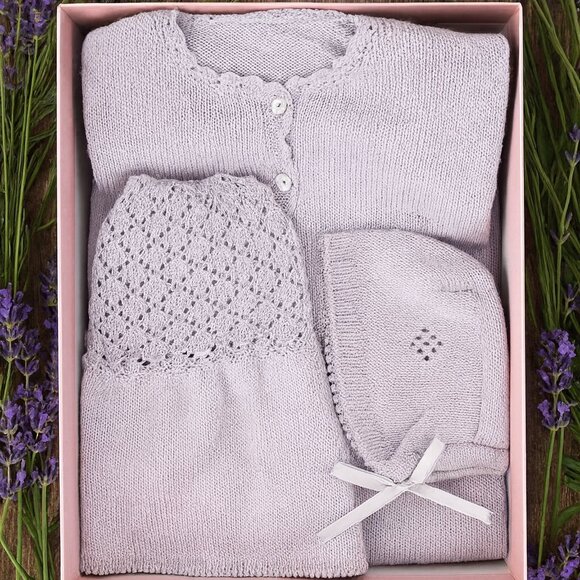 A Other - BABY CHRISTENING SET LAVENDER HAND knitted alpaca NEW NEW NEWA 4 PIECES
